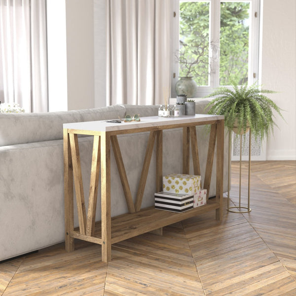 English Elm Charlotte Farmhouse 2-Tier Console Accent Table - Stylish Storage for Entryway or Living Room Charm Marble Top/Warm Oak Frame ZG-034-WOAK-MARB-GG