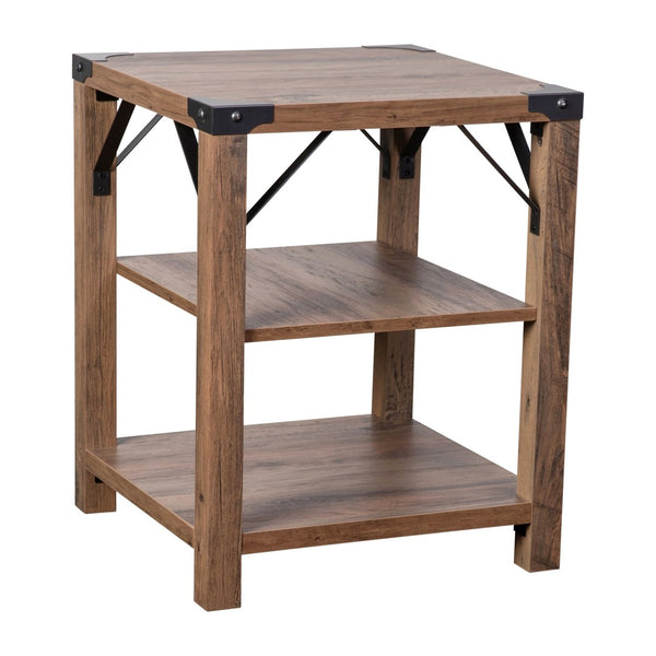 English Elm Wyatt Modern Farmhouse 3-Tier End Table with Rustic Oak Finish & Black Metal Accents for Storage ZG-035-OAK-GG