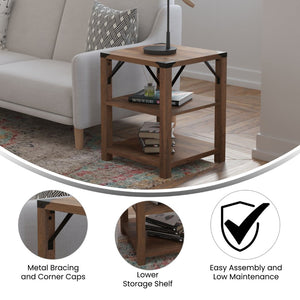 English Elm Wyatt Modern Farmhouse 3-Tier End Table with Rustic Oak Finish & Black Metal Accents for Storage ZG-035-OAK-GG