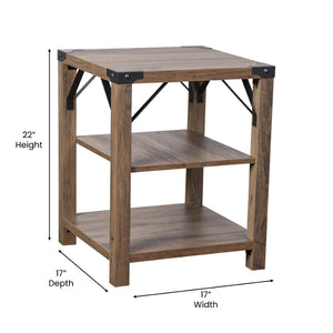English Elm Wyatt Modern Farmhouse 3-Tier End Table with Rustic Oak Finish & Black Metal Accents for Storage ZG-035-OAK-GG