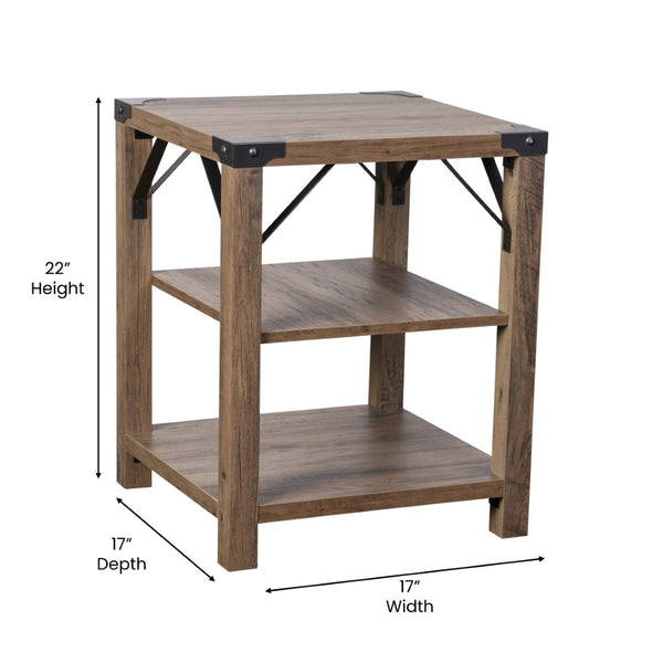 English Elm Wyatt Modern Farmhouse 3-Tier End Table with Rustic Oak Finish & Black Metal Accents for Storage ZG-035-OAK-GG