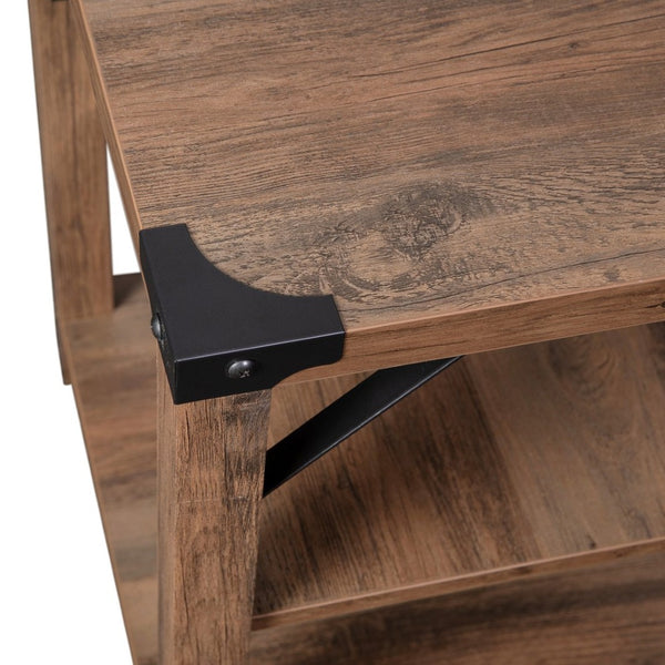 English Elm Wyatt Modern Farmhouse 3-Tier End Table with Rustic Oak Finish & Black Metal Accents for Storage ZG-035-OAK-GG