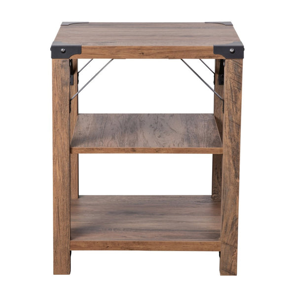 English Elm Wyatt Modern Farmhouse 3-Tier End Table with Rustic Oak Finish & Black Metal Accents for Storage ZG-035-OAK-GG