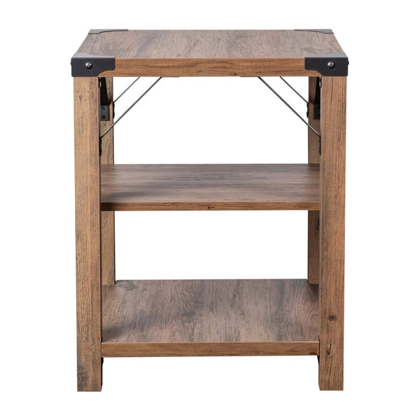 English Elm Wyatt Modern Farmhouse 3-Tier End Table with Rustic Oak Finish & Black Metal Accents for Storage ZG-035-OAK-GG