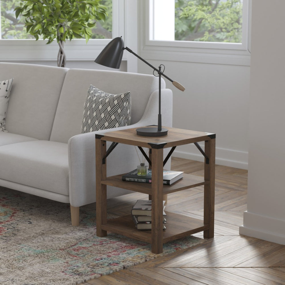 English Elm Wyatt Modern Farmhouse 3-Tier End Table with Rustic Oak Finish & Black Metal Accents for Storage ZG-035-OAK-GG