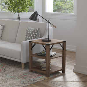 English Elm Wyatt Modern Farmhouse 3-Tier End Table with Rustic Oak Finish & Black Metal Accents for Storage ZG-035-OAK-GG