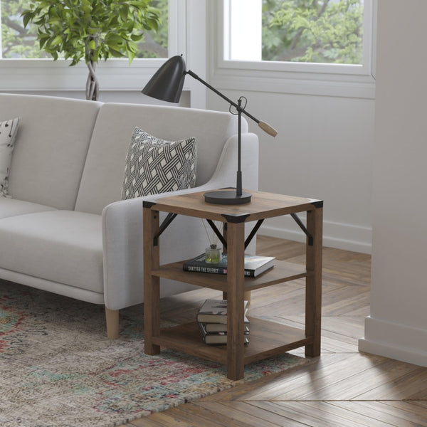English Elm Wyatt Modern Farmhouse 3-Tier End Table with Rustic Oak Finish & Black Metal Accents for Storage ZG-035-OAK-GG