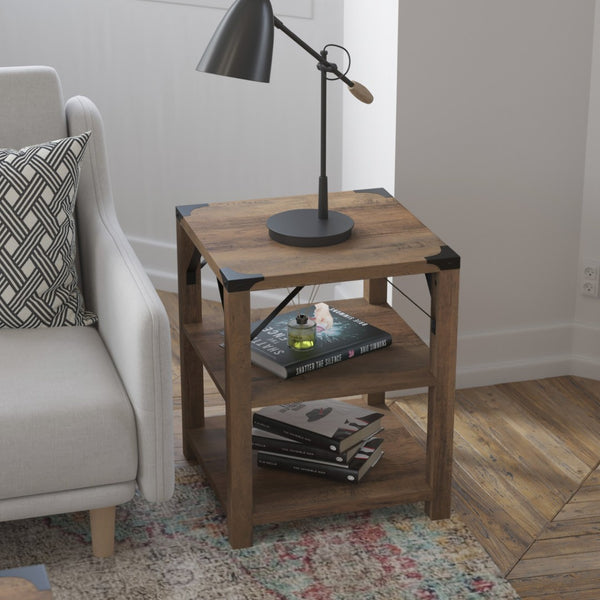 English Elm Wyatt Modern Farmhouse 3-Tier End Table with Rustic Oak Finish & Black Metal Accents for Storage ZG-035-OAK-GG