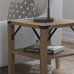 English Elm Wyatt Modern Farmhouse 3-Tier End Table with Rustic Oak Finish & Black Metal Accents for Storage ZG-035-OAK-GG