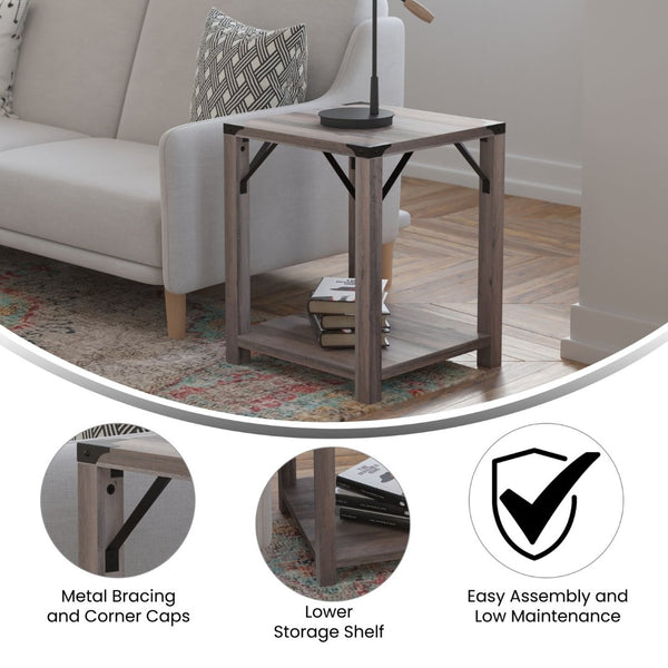 English Elm Wyatt Modern Farmhouse 2-Tier End Table with Black Metal Accents for Living Room or Entryway Style Gray Wash ZG-036-GY-GG