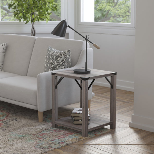 English Elm Wyatt Modern Farmhouse 2-Tier End Table with Black Metal Accents for Living Room or Entryway Style Gray Wash ZG-036-GY-GG
