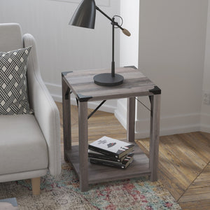 English Elm Wyatt Modern Farmhouse 2-Tier End Table with Black Metal Accents for Living Room or Entryway Style Gray Wash ZG-036-GY-GG