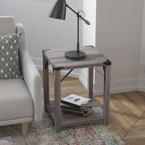 English Elm Wyatt Modern Farmhouse 2-Tier End Table with Black Metal Accents for Living Room or Entryway Style Gray Wash ZG-036-GY-GG