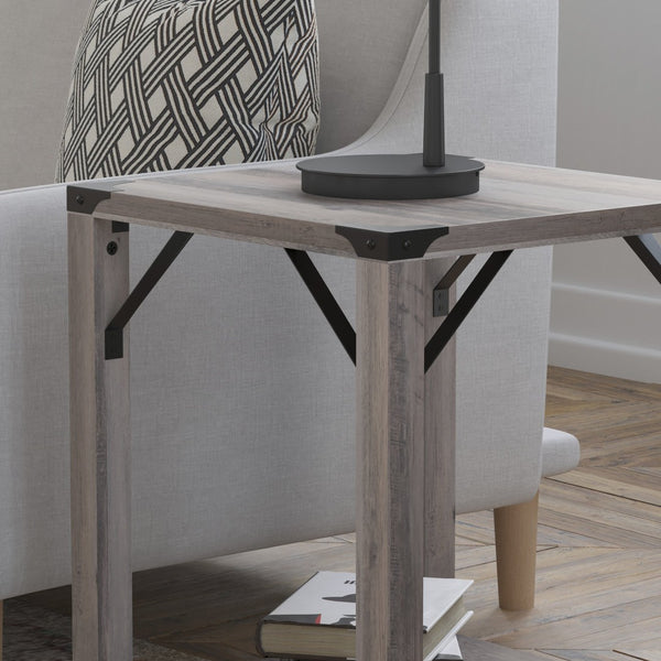 English Elm Wyatt Modern Farmhouse 2-Tier End Table with Black Metal Accents for Living Room or Entryway Style Gray Wash ZG-036-GY-GG
