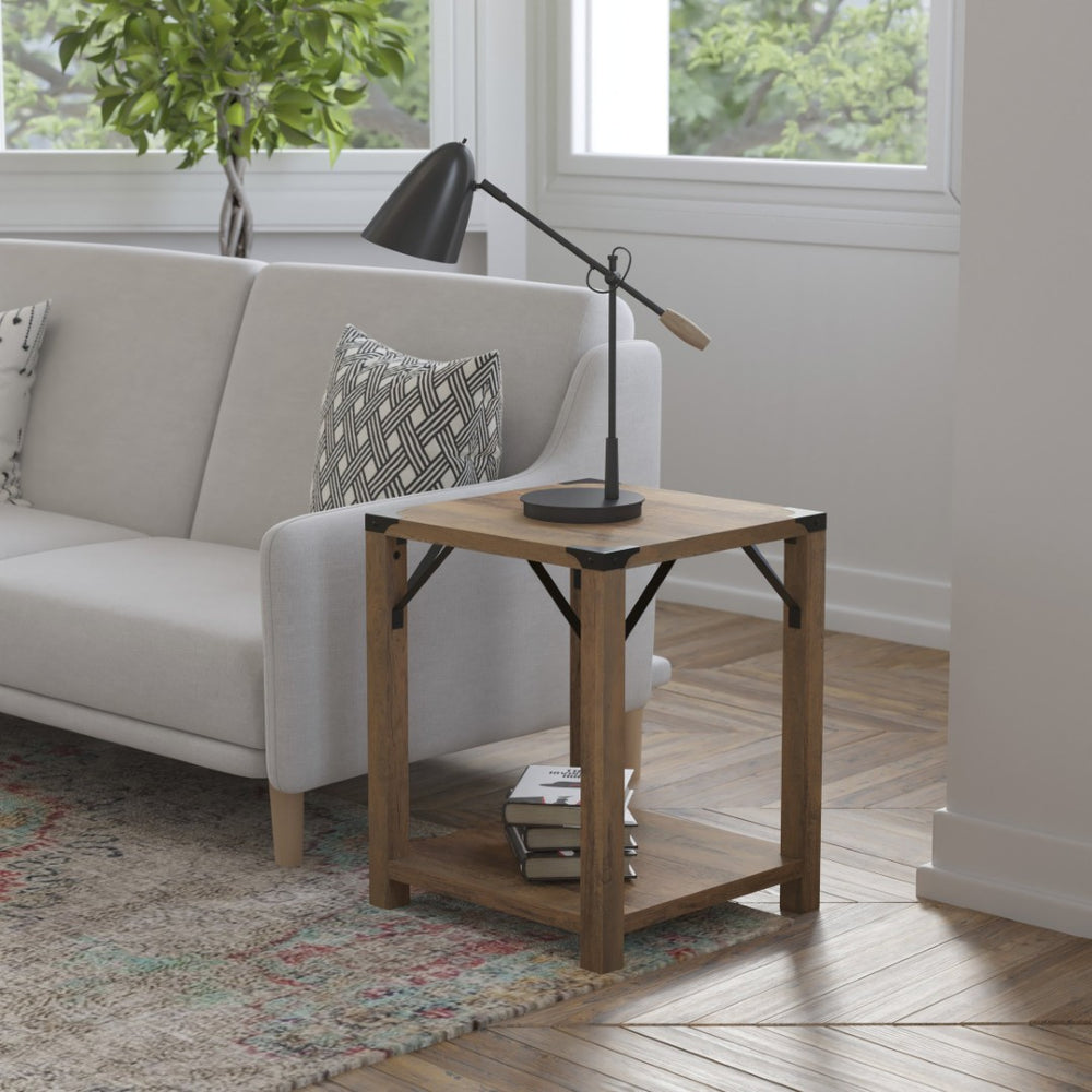 English Elm Wyatt Modern Farmhouse 2-Tier End Table with Black Metal Accents for Living Room or Entryway Style Rustic Oak ZG-036-OAK-GG
