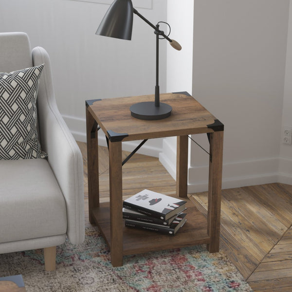 English Elm Wyatt Modern Farmhouse 2-Tier End Table with Black Metal Accents for Living Room or Entryway Style Rustic Oak ZG-036-OAK-GG