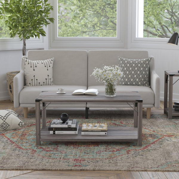English Elm Wyatt Modern Farmhouse 2-Tier Coffee Table with Stylish Black Metal Accents and Sturdy Design Gray Wash ZG-037-GY-GG