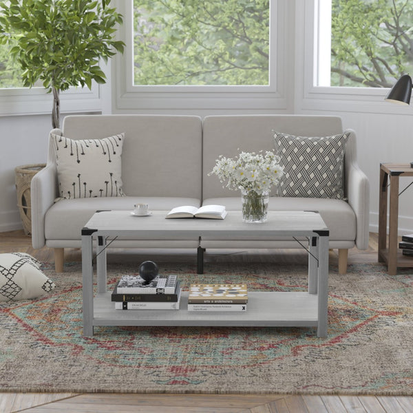 English Elm Wyatt Modern Farmhouse 2-Tier Coffee Table with Stylish Black Metal Accents and Sturdy Design Aspen Gray ZG-037-LTGY-GG