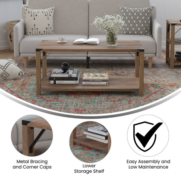 English Elm Wyatt Modern Farmhouse 2-Tier Coffee Table with Stylish Black Metal Accents and Sturdy Design Rustic Oak ZG-037-OAK-GG