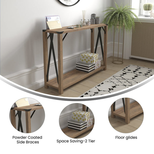 English Elm Wyatt Modern Farmhouse 2-Tier Console Table with Black Metal Accents for Entryway or Living Room Rustic Oak ZG-038-OAK-GG