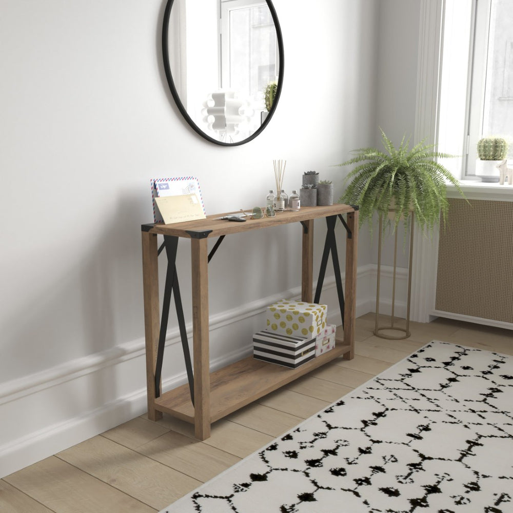 English Elm Wyatt Modern Farmhouse 2-Tier Console Table with Black Metal Accents for Entryway or Living Room Rustic Oak ZG-038-OAK-GG
