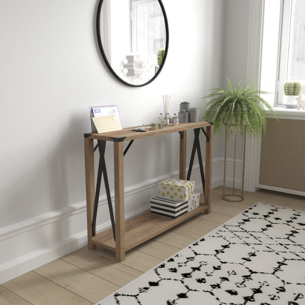 English Elm Wyatt Modern Farmhouse 2-Tier Console Table with Black Metal Accents for Entryway or Living Room Rustic Oak ZG-038-OAK-GG