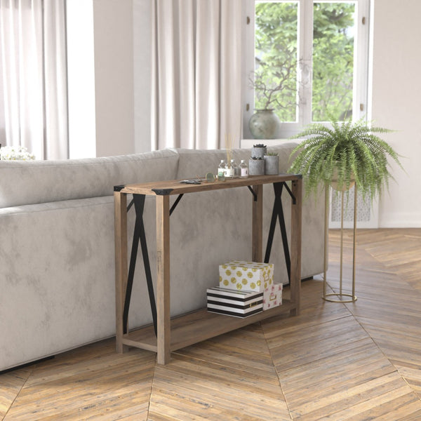 English Elm Wyatt Modern Farmhouse 2-Tier Console Table with Black Metal Accents for Entryway or Living Room Rustic Oak ZG-038-OAK-GG