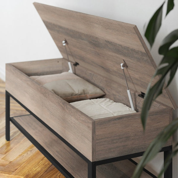 English Elm Wyatt Farmhouse Entryway Storage Bench with Lift-Top Seat and Open Shelf for Organized Living Spaces Gray ZG-075-GY-GG