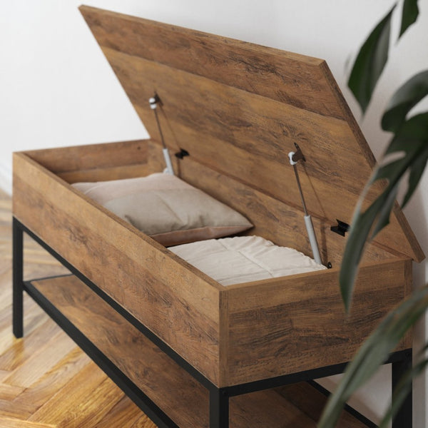 English Elm Wyatt Farmhouse Entryway Storage Bench with Lift-Top Seat and Open Shelf for Organized Living Spaces Rustic Oak ZG-075-OAK-GG