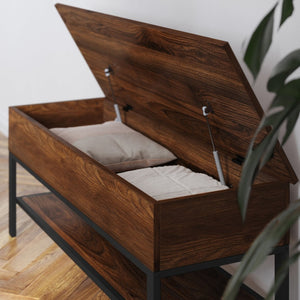 English Elm Wyatt Farmhouse Entryway Storage Bench with Lift-Top Seat and Open Shelf for Organized Living Spaces Walnut ZG-075-WAL-GG