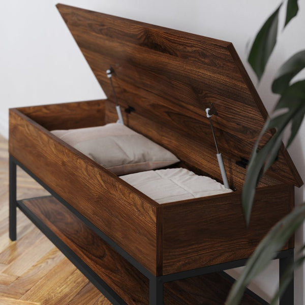 English Elm Wyatt Farmhouse Entryway Storage Bench with Lift-Top Seat and Open Shelf for Organized Living Spaces Walnut ZG-075-WAL-GG