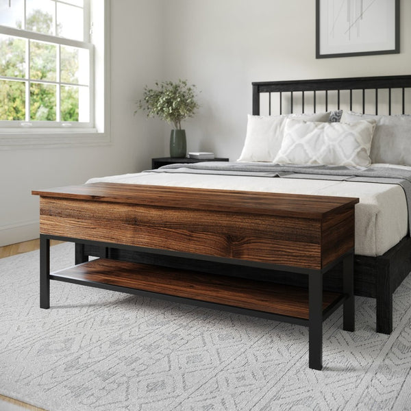 English Elm Wyatt Farmhouse Entryway Storage Bench with Lift-Top Seat and Open Shelf for Organized Living Spaces Walnut ZG-075-WAL-GG