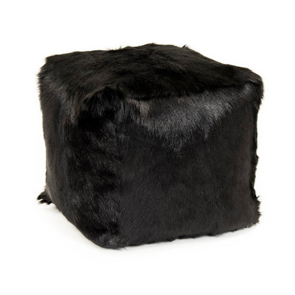 Zentique Tibetan Black Goat Fur Pouf — Handcrafted Plush Ottoman W22xH16xD22, Rustic Luxe Seating Accent ZGFC-black