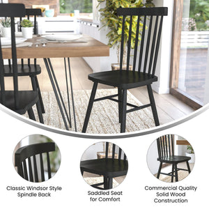 English Elm Ingrid Set of 2 Commercial-Grade Windsor Dining Chairs, Solid Wood, Armless Spindle-Back Comfort Black ZH-8101WR-BK-2-GG