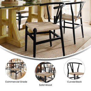 English Elm Logan Stackable Y-Back Wood Dining Chair with Woven Kraft Paper Seat for Stylish Comfort & Durability Black Frame/Natural Seat ZH-8101YS-BLK-NAT-GG