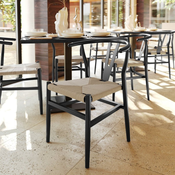 English Elm Logan Stackable Y-Back Wood Dining Chair with Woven Kraft Paper Seat for Stylish Comfort & Durability Black Frame/Natural Seat ZH-8101YS-BLK-NAT-GG