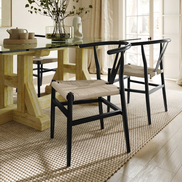 English Elm Logan Stackable Y-Back Wood Dining Chair with Woven Kraft Paper Seat for Stylish Comfort & Durability Black Frame/Natural Seat ZH-8101YS-BLK-NAT-GG