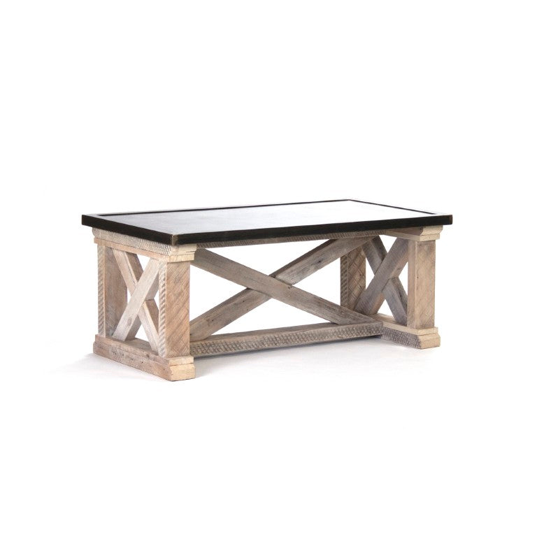 Zentique Valerie Reclaimed Heart Pine Coffee Table with Rust/Copper Lacquer Top — Rustic-Industrial W48 H19.75 D24 ZIC004-L