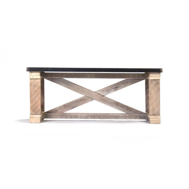 Zentique Valerie Reclaimed Heart Pine Coffee Table with Rust/Copper Lacquer Top — Rustic-Industrial W48 H19.75 D24 ZIC004-L