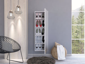English Elm Leto Wall Mounted Shoe Rack With Mirror — 54" Tall Space-Saving Single Door Holds 10 Pairs, Stylish White 57.1 L x 22.8 W x 4.7 H B20091928