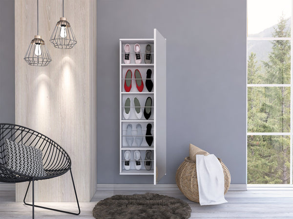 English Elm Leto Wall Mounted Shoe Rack With Mirror — 54" Tall Space-Saving Single Door Holds 10 Pairs, Stylish White 57.1 L x 22.8 W x 4.7 H B20091928