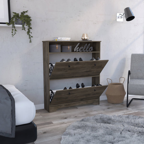 English Elm Calgary Particle Board Shoe Rack with Superior Top, 1 Open Shelf & 2 Extendable Drawers, Brown B07091898