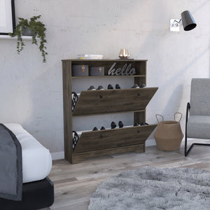 English Elm Calgary Dark Brown Shoe Rack with Superior Top, 1 Open Shelf & 2 Extendable Drawers for Entryways B20091898