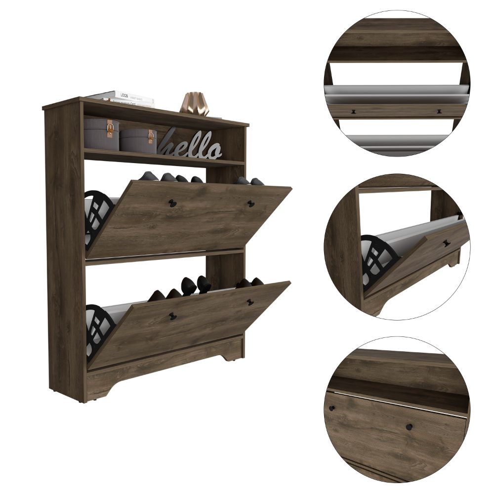 English Elm Calgary Particle Board Shoe Rack with Superior Top, 1 Open Shelf & 2 Extendable Drawers, Brown B07091898