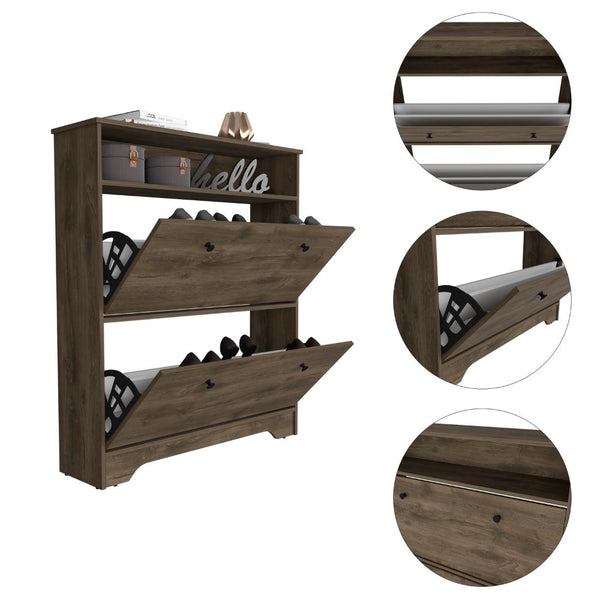 English Elm Calgary Particle Board Shoe Rack with Superior Top, 1 Open Shelf & 2 Extendable Drawers, Brown B07091898