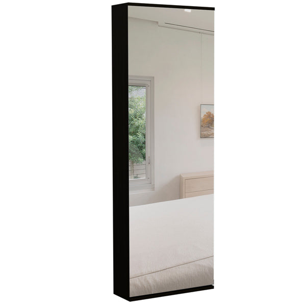 English Elm Leto Wall Mounted Shoe Rack With Mirror — 54" Tall Space-Saving Single Door Holds 10 Pairs, Stylish Black 57.1 L x 22.8 W x 4.7 H B20091927