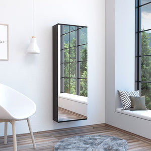 English Elm Wall 54" Shoe Rack with Mirror Door, Black Particle Board, Wall-Mounted Space Saver for 10 Pairs B097132916