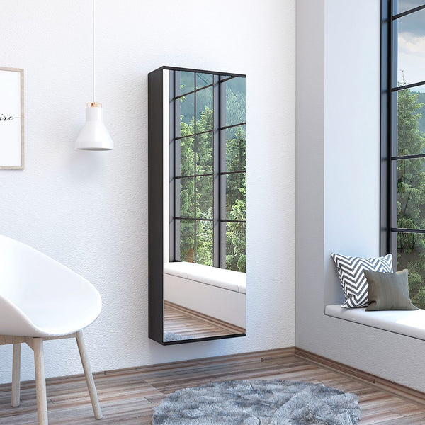 English Elm Wall 54" Shoe Rack with Mirror Door, Black Particle Board, Wall-Mounted Space Saver for 10 Pairs B097132916