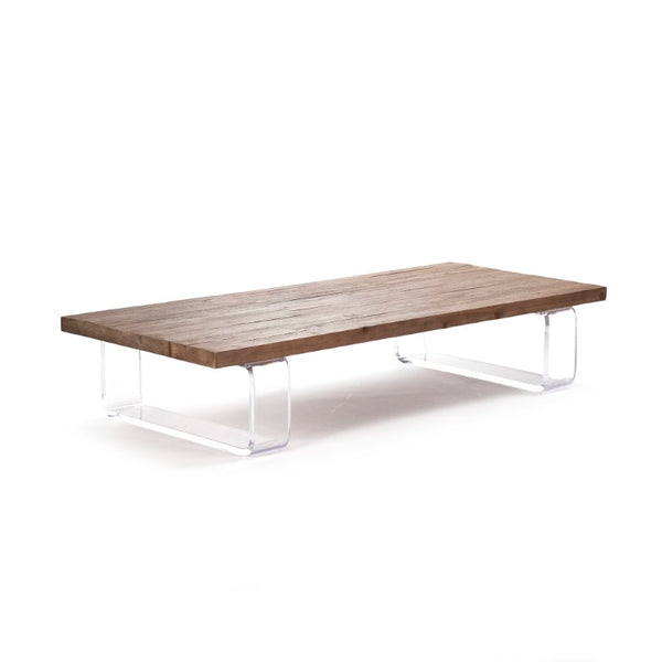 Zentique Acrylic Clear Coffee Table with Oak Top — Low-Profile Modern Centerpiece, Transparent Legs, 71"W ZMA001