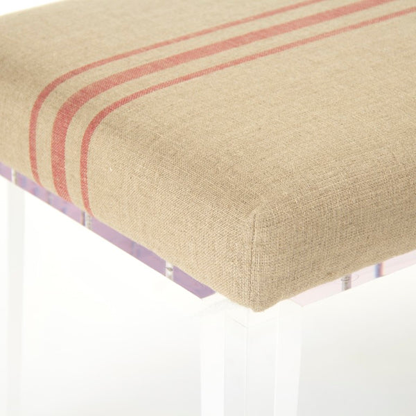 Zentique Emma Bench acrylic base with cushioned linen seat, red stripe accent — compact, modern seating solution for entryway and living spaces Natural Linen (Red Stripe) ZMA002 A034 Red Stripe